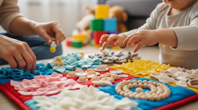 Mata sensoryczna z różnymi fakturami, guzikami i koralikami, którą dziecko i rodzic dotykają.