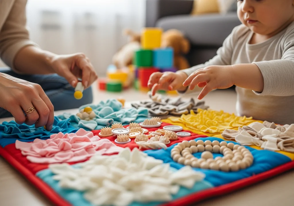 Mata sensoryczna z różnymi fakturami, guzikami i koralikami, którą dziecko i rodzic dotykają.