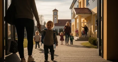 Dziecko z plecakiem trzyma za rękę dorosłego, idąc do przedszkola.