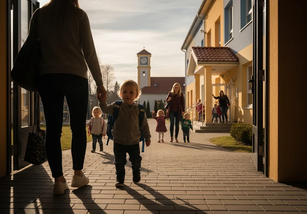 Dziecko z plecakiem trzyma za rękę dorosłego, idąc do przedszkola.