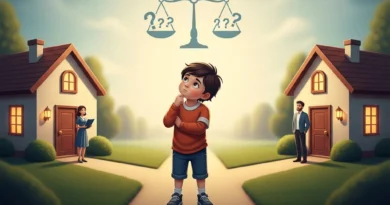 Chłopiec rozważa, z którym rodzicem chce mieszkać, podczas gdy waga symbolizuje wybór.