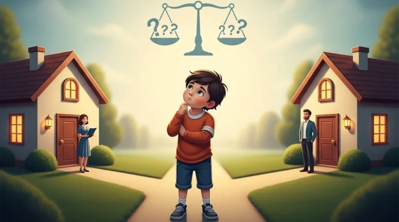 Chłopiec rozważa, z którym rodzicem chce mieszkać, podczas gdy waga symbolizuje wybór.