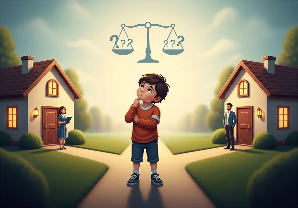 Chłopiec rozważa, z którym rodzicem chce mieszkać, podczas gdy waga symbolizuje wybór.