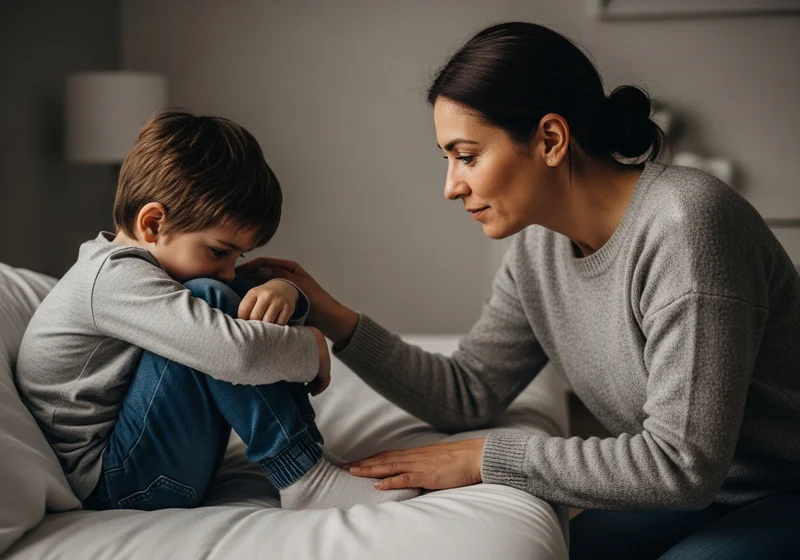 Matka pociesza smutnego syna, który siedzi skulony na łóżku.