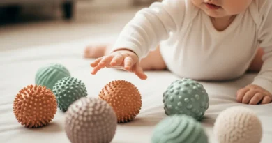 Niemowlę sięga po kolorowe piłeczki sensoryczne leżące na macie.