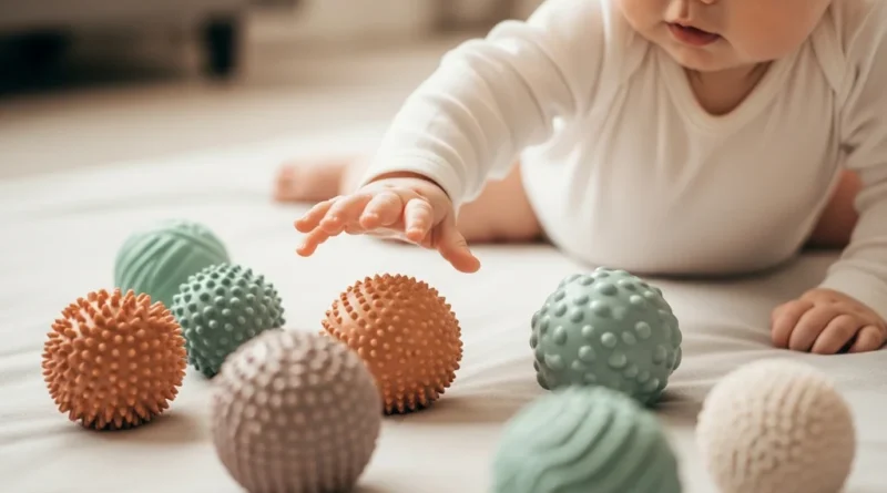 Niemowlę sięga po kolorowe piłeczki sensoryczne leżące na macie.
