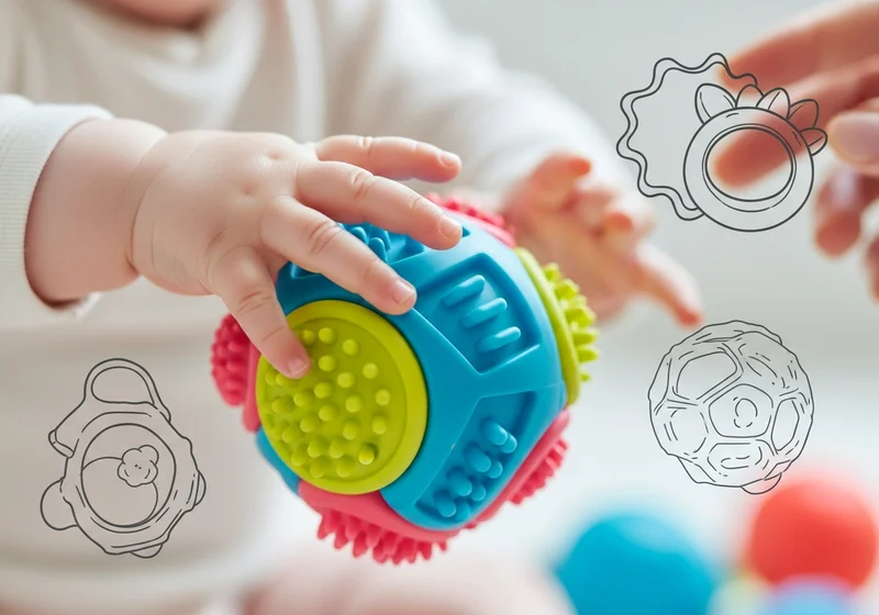 Dłoń niemowlęcia bawi się kolorową piłeczką sensoryczną, rozwijając zmysły.