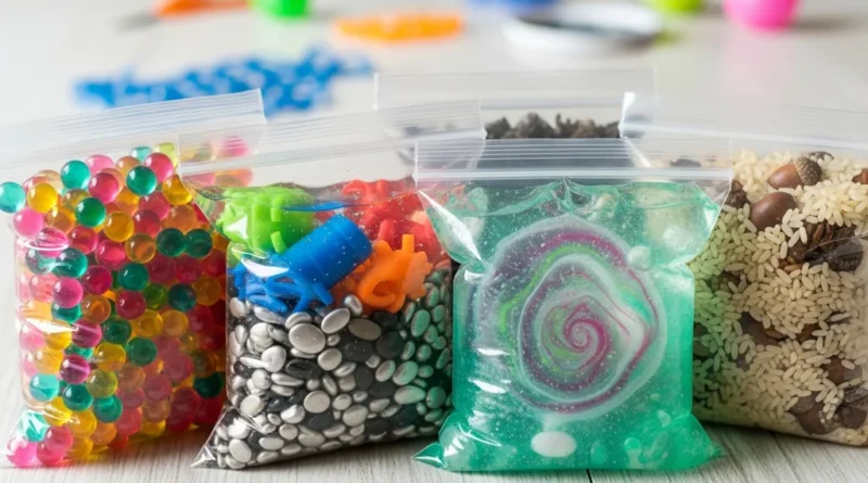 Woreczki sensoryczne z koralikami, żelkiem i innymi drobiazgami do zabawy.