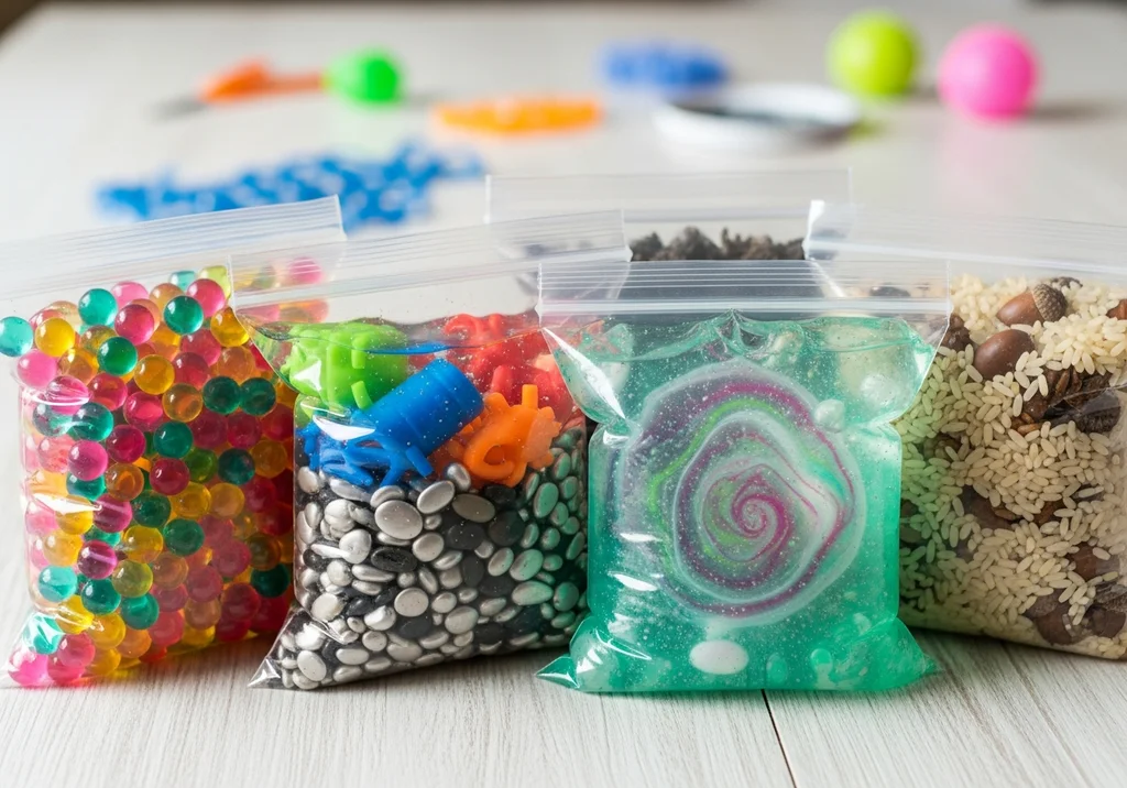 Woreczki sensoryczne z koralikami, żelkiem i innymi drobiazgami do zabawy.
