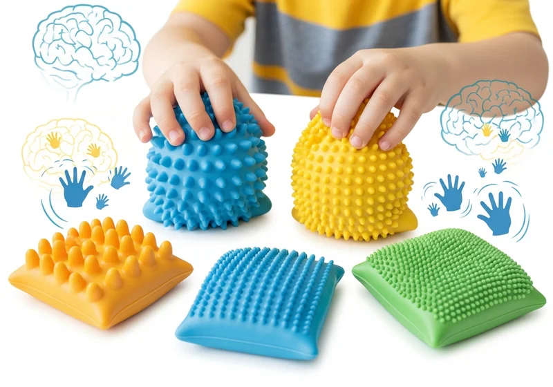 Dziecko bawi się sensorycznymi piłkami i podkładkami stymulującymi mózg.