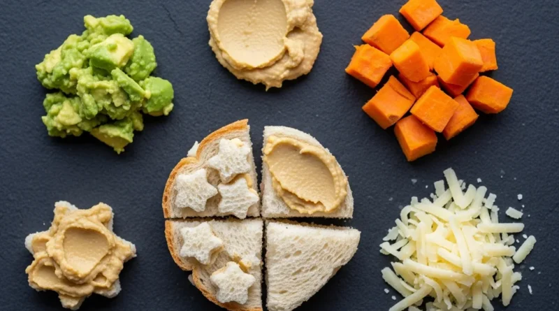 Składniki na zdrowe kanapki dla niemowląt: awokado, hummus, dynia, ser i chleb.