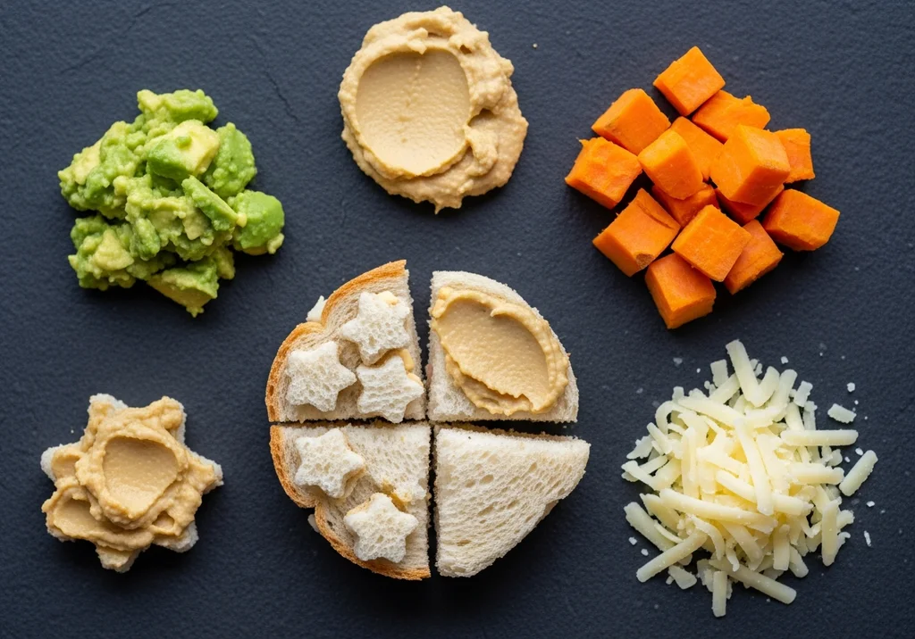 Składniki na zdrowe kanapki dla niemowląt: awokado, hummus, dynia, ser i chleb.