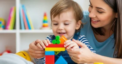 Mama i dziecko budują wieżę z kolorowych klocków, wspólnie się bawiąc.