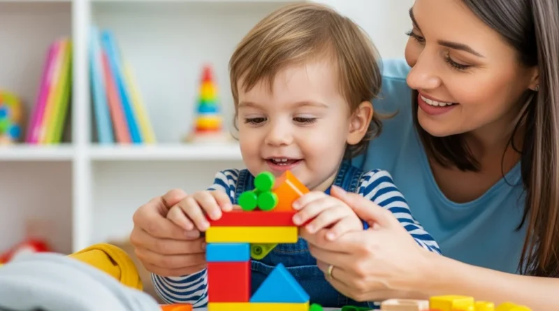 Mama i dziecko budują wieżę z kolorowych klocków, wspólnie się bawiąc.