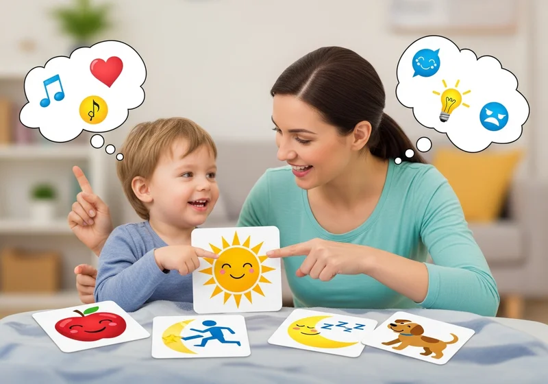 Mama i dziecko bawią się kartami obrazkowymi, komunikacja alternatywna dla dzieci z afazją.