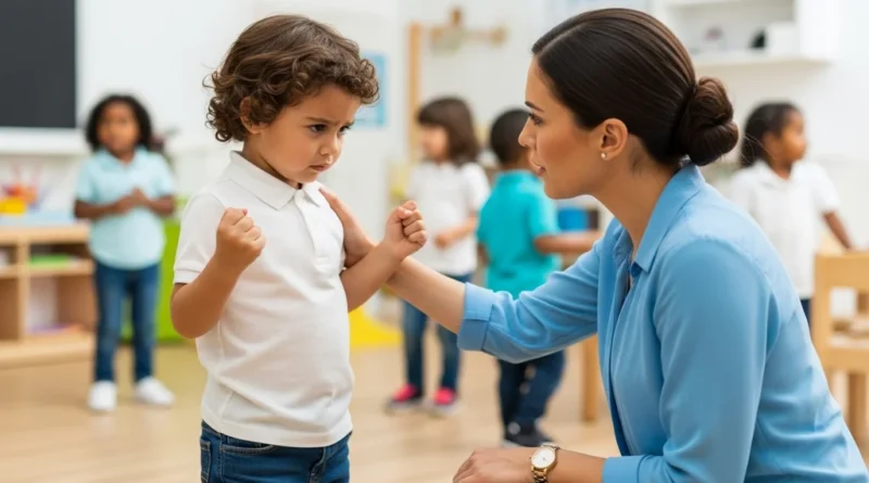 Nauczycielka w przedszkolu spokojnie rozmawia z rozgniewanym chłopcem z zaciśniętymi pięściami, próbując go uspokoić.