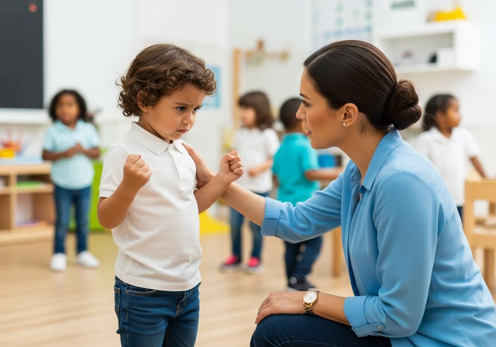 Nauczycielka w przedszkolu spokojnie rozmawia z rozgniewanym chłopcem z zaciśniętymi pięściami, próbując go uspokoić.