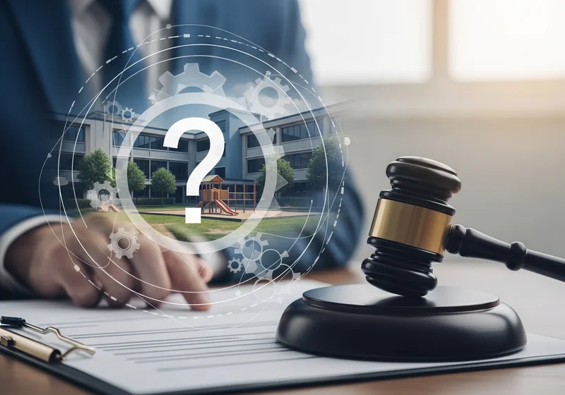 Sądowy młotek na dokumencie i wizualizacja budynku przedszkola z pytajnikiem, symbolizująca dochodzenie praw rodziców.
