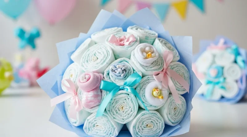 Bukiet na Baby Shower zrolowanych pieluch ozdobiony wstążkami, dziecięcymi skarpetkami i małą figurką w błękitnym papierze.
