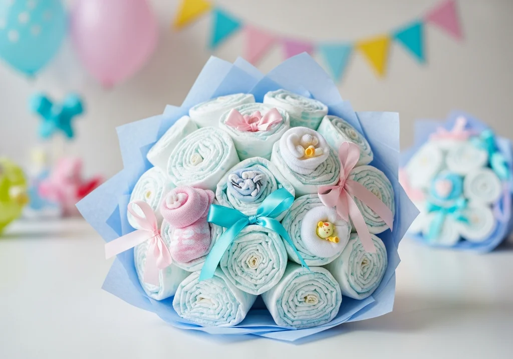 Bukiet na Baby Shower zrolowanych pieluch ozdobiony wstążkami, dziecięcymi skarpetkami i małą figurką w błękitnym papierze.