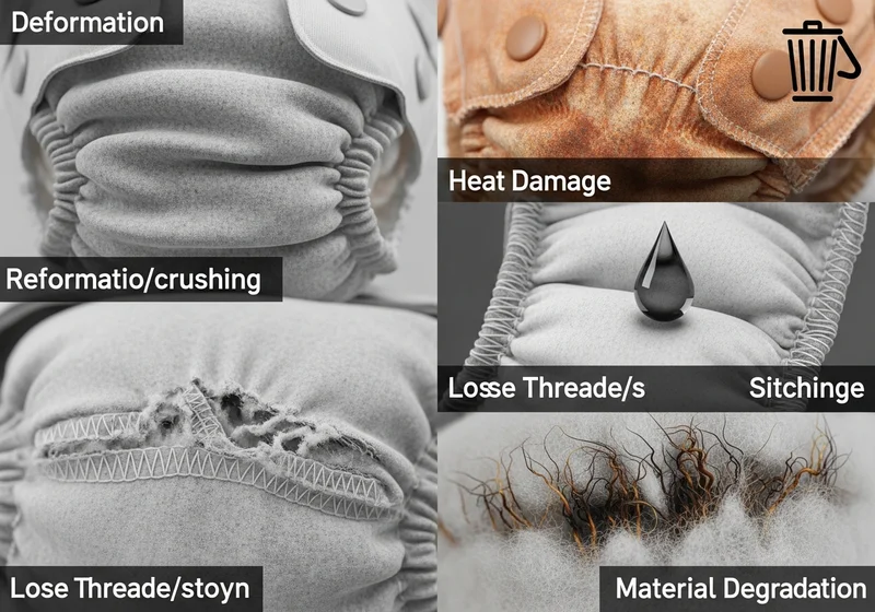 Wykaz uszkodzeń pieluch: deformacja, zniszczenia cieplne, luźne nici, przetarcia szwów i degradacja materiału.