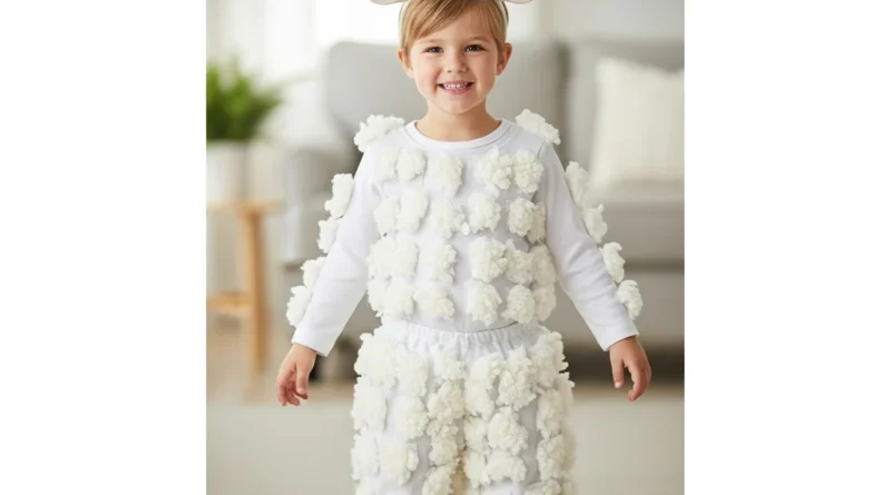 Uśmiechnięte dziecko w samodzielnie wykonanym kostiumie owcy z białym T-shirtem i spodniami ozdobionymi białymi pomponami.