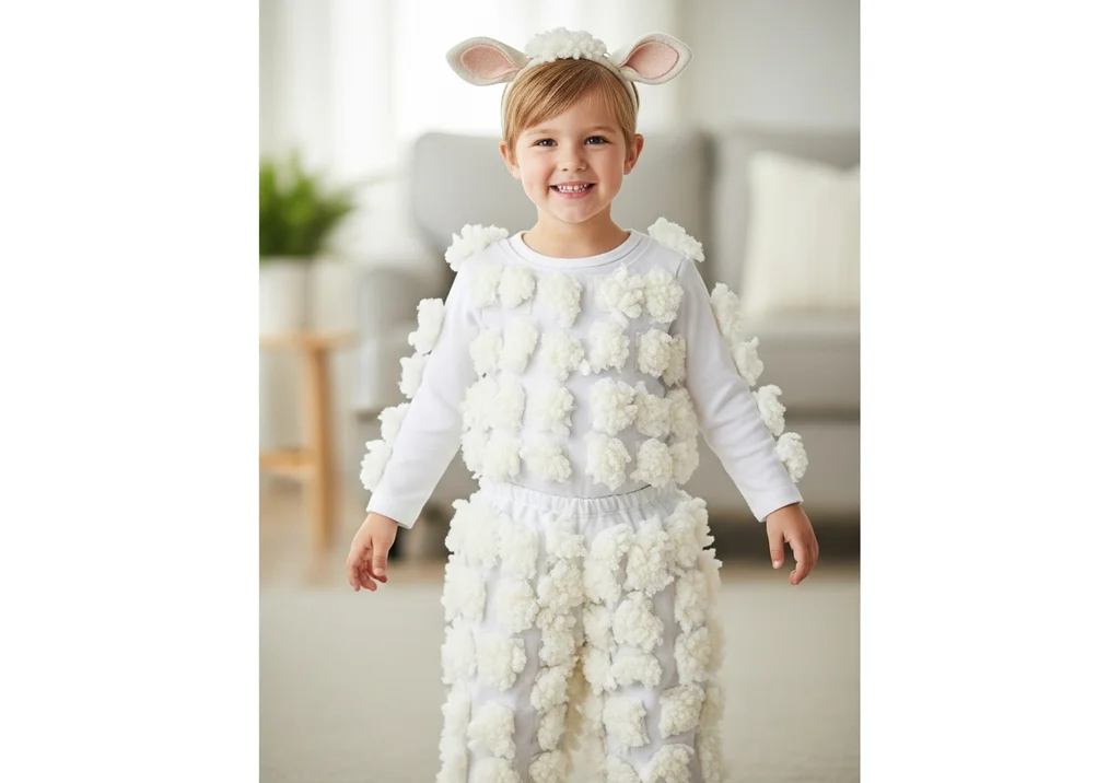 Uśmiechnięte dziecko w samodzielnie wykonanym kostiumie owcy z białym T-shirtem i spodniami ozdobionymi białymi pomponami.