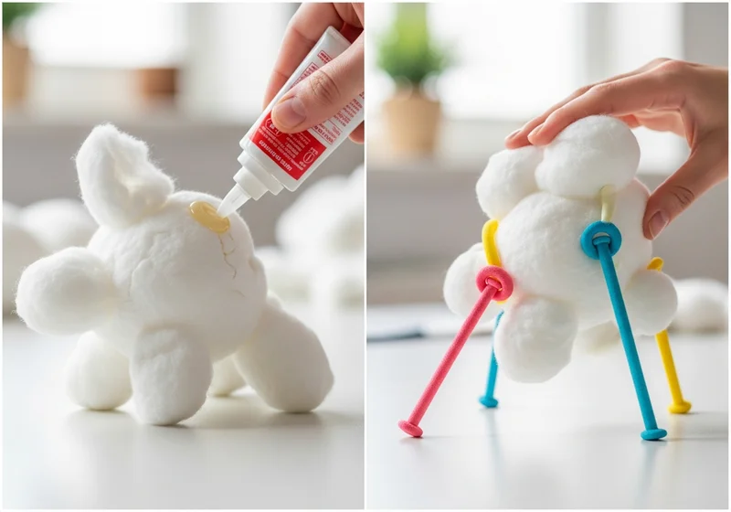 Klej w tubce nakładany na watową konstrukcję oraz gotowy model owieczki z kolorowymi nóżkami z wyciorów plastycznych.
