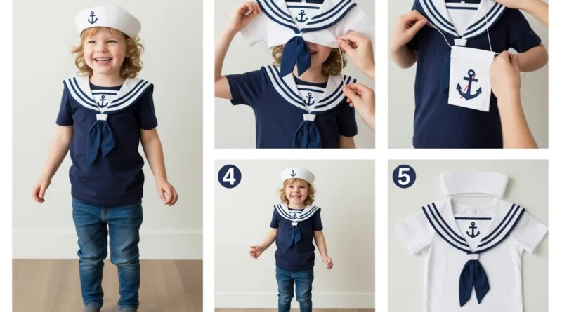 Pięcioczęściowy poradnik DIY: etapy tworzenia stroju marynarza dla dziecka z wykorzystaniem odzieży bazowej i akcesoriów.