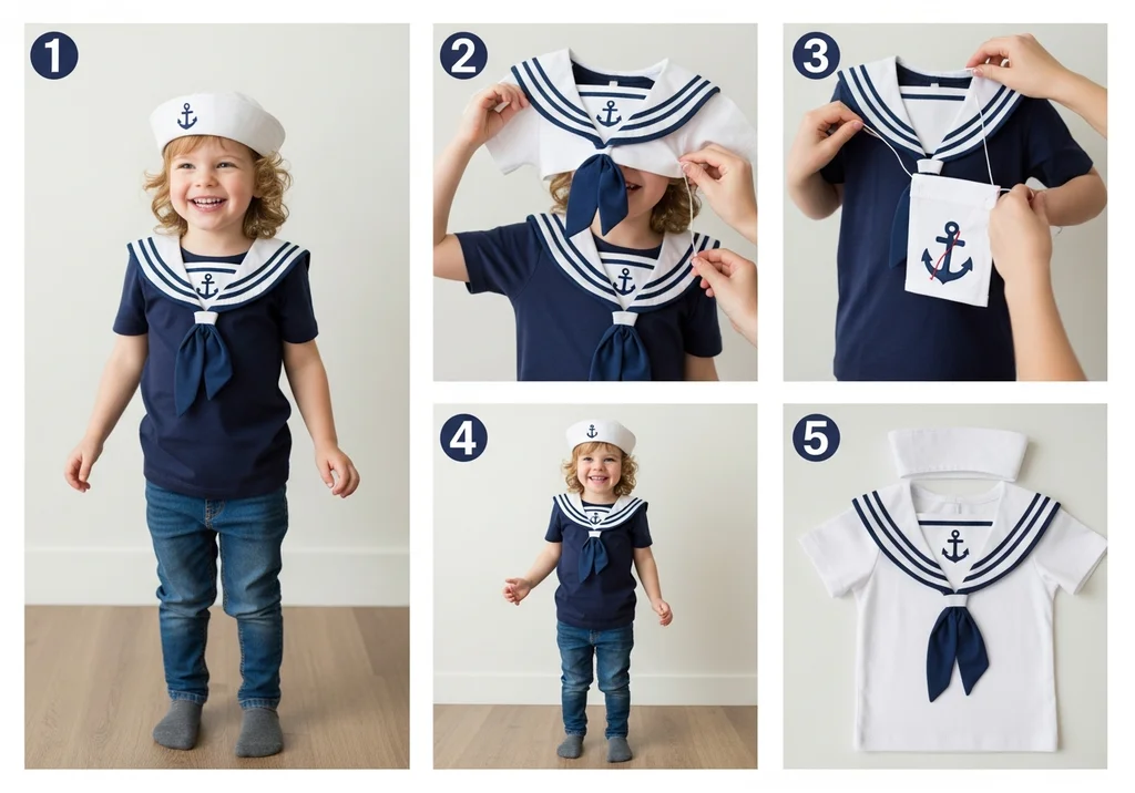 Pięcioczęściowy poradnik DIY: etapy tworzenia stroju marynarza dla dziecka z wykorzystaniem odzieży bazowej i akcesoriów.