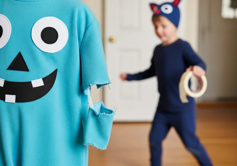 Dziecięcy kostium robota z oderwanym rękawem, w tle chłopiec z rolką taśmy klejącej gotowy do szybkiej naprawy.