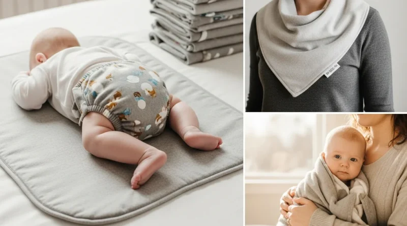 Zestawienie zastosowań pieluch flanelowych: podkład na przewijak, śliniak oraz otulacz dla niemowlęcia.