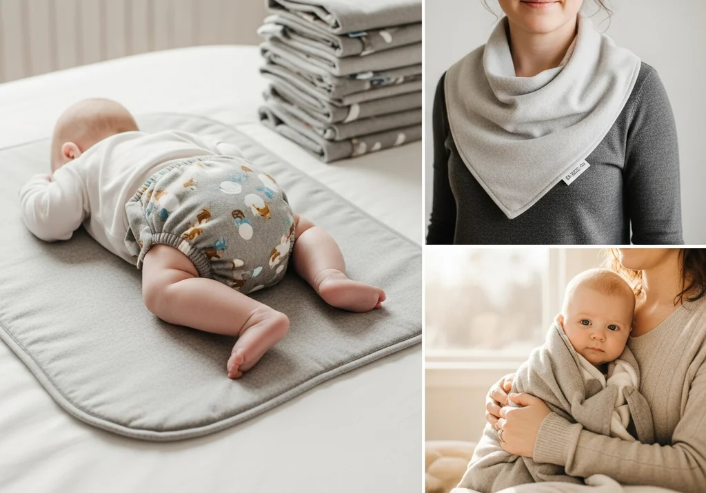 Zestawienie zastosowań pieluch flanelowych: podkład na przewijak, śliniak oraz otulacz dla niemowlęcia.