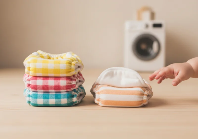 Stos kolorowych pieluch wielorazowych obok pojedynczej sztuki i dziecięcej rączki na tle miniaturowej pralki.
