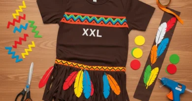Brązowy T-shirt XXL z wyciętymi frędzlami, zdobiony kolorowymi zygzakami i papierowymi piórami, obok nożyczki oraz klej na gorąco.