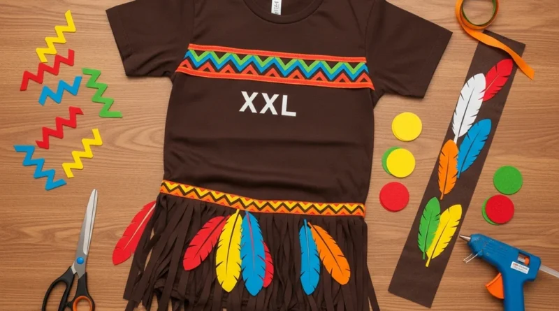 Brązowy T-shirt XXL z wyciętymi frędzlami, zdobiony kolorowymi zygzakami i papierowymi piórami, obok nożyczki oraz klej na gorąco.