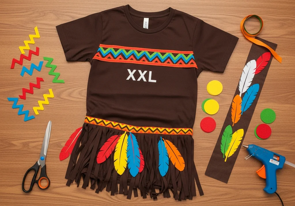 Brązowy T-shirt XXL z wyciętymi frędzlami, zdobiony kolorowymi zygzakami i papierowymi piórami, obok nożyczki oraz klej na gorąco.