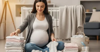 Uśmiechnięta ciężarna kobieta siedząca na podłodze, segregująca dziecięce ubranka przed przygotowanym łóżeczkiem.