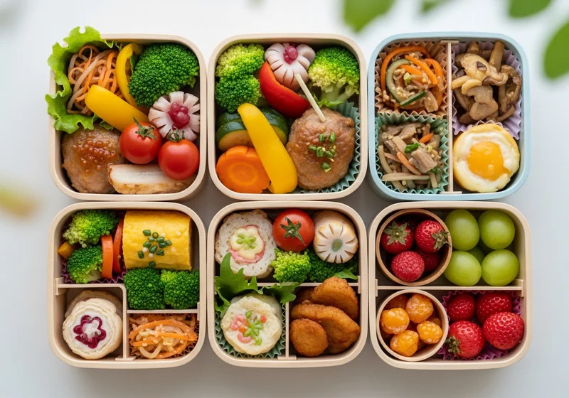 Sześć pojemników bento z różnorodnymi, kolorowymi składnikami podzielonymi na odseparowane sekcje, zapobiegające ich mieszaniu.