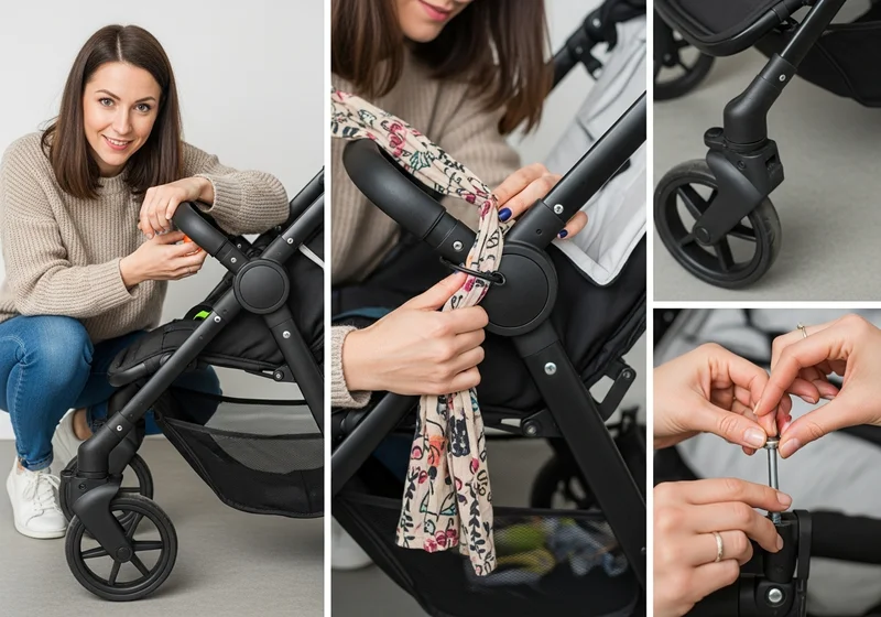 Kobieta naprawia mechanizm wózka dziecięcego przy użyciu śrubokręta i tkaniny w ramach domowych napraw sprzętu.