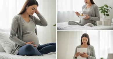 Kobieta w ciąży odpoczywająca w łóżku, jedząca mały posiłek i zajmująca się pracą, ilustrująca radzenie sobie ze zmęczeniem.