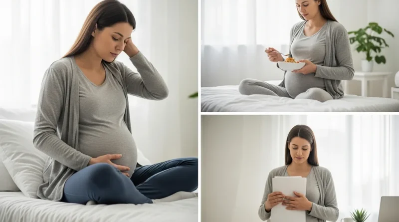 Kobieta w ciąży odpoczywająca w łóżku, jedząca mały posiłek i zajmująca się pracą, ilustrująca radzenie sobie ze zmęczeniem.