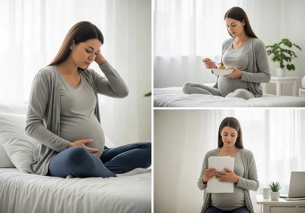 Kobieta w ciąży odpoczywająca w łóżku, jedząca mały posiłek i zajmująca się pracą, ilustrująca radzenie sobie ze zmęczeniem.