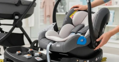Fotelik samochodowy z bazą ISOFIX i wkładką dla noworodka, gotowy do montażu w systemie podróżnym.