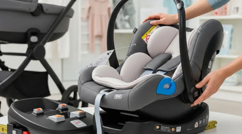 Fotelik samochodowy z bazą ISOFIX i wkładką dla noworodka, gotowy do montażu w systemie podróżnym.