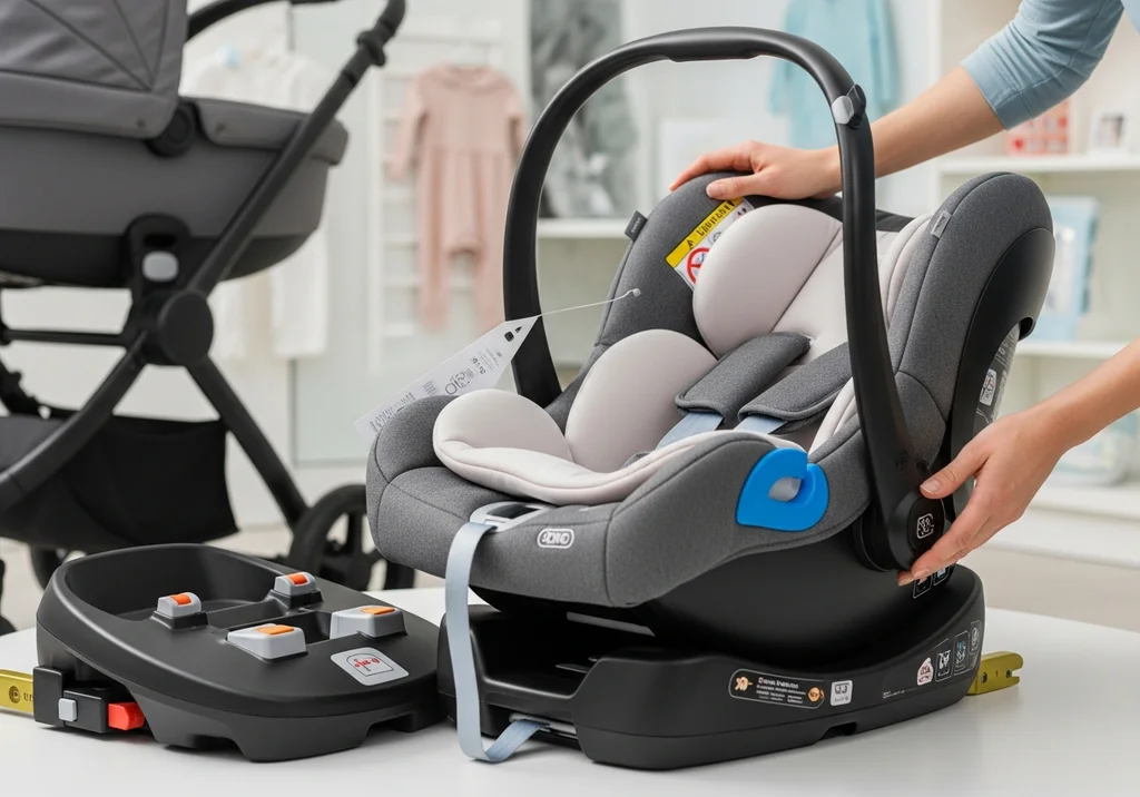 Fotelik samochodowy z bazą ISOFIX i wkładką dla noworodka, gotowy do montażu w systemie podróżnym.