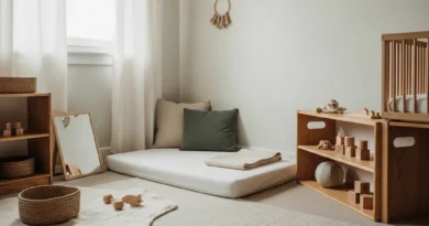 Pokój niemowlaka w stylu Montessori: materac na podłodze, drewniane regały z zabawkami, lustro i naturalna kolorystyka.