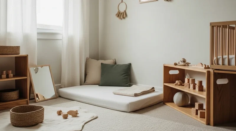 Pokój niemowlaka w stylu Montessori: materac na podłodze, drewniane regały z zabawkami, lustro i naturalna kolorystyka.