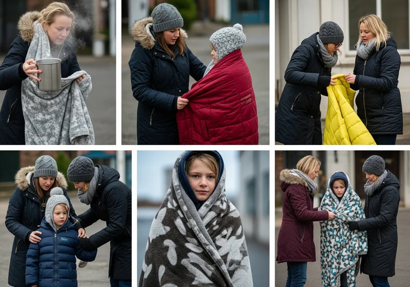 Dwie kobiety pomagają dziecku w kostiumie elfa szybko owinąć się w ciepłe koce i podają gorący napój po występie na mrozie.