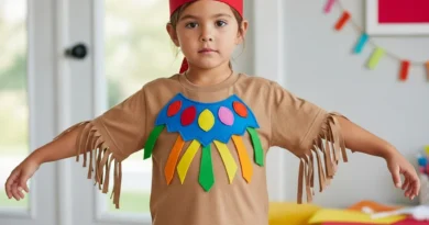 Dziecko w stroju indiańskim zrobionym ze starego t-shirtu z frędzlami, filcowymi zdobieniami i czerwoną opaską na głowie.